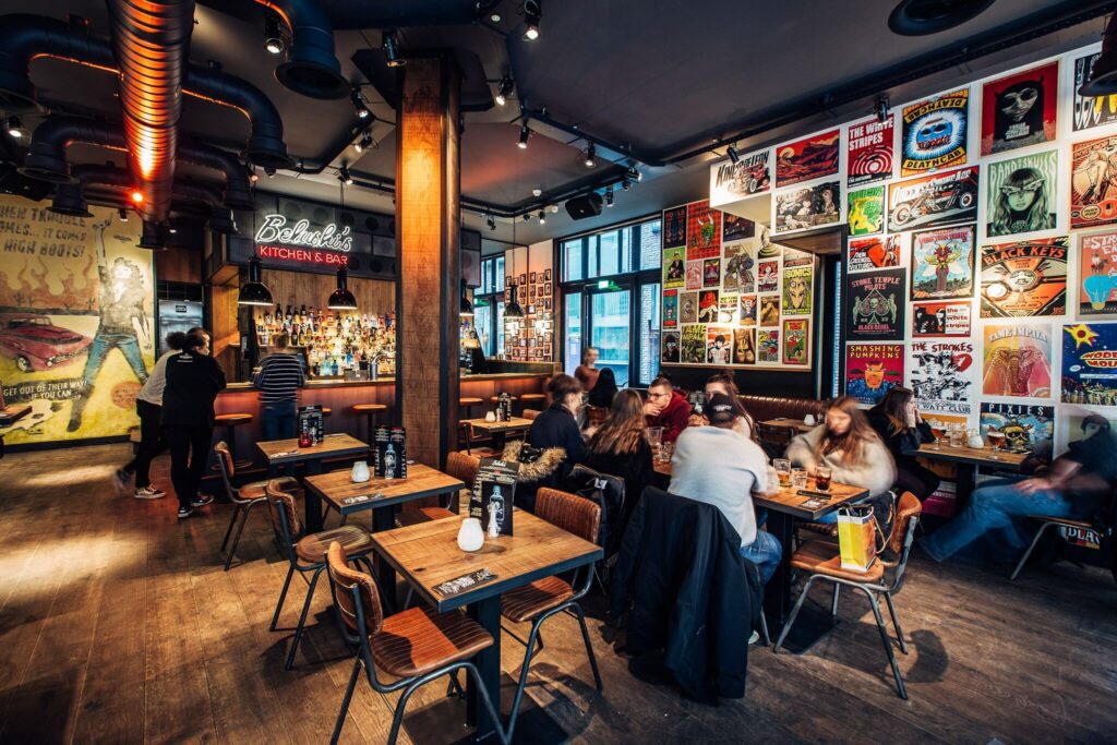 An interior shot of a sports bar in Amsterdam.