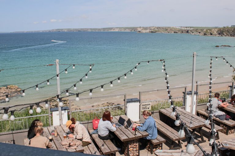 The terrace of Belushi's bar in Newquay.