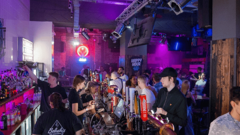 Interior view of a party night at Belushi's Bar in Hammersmith.