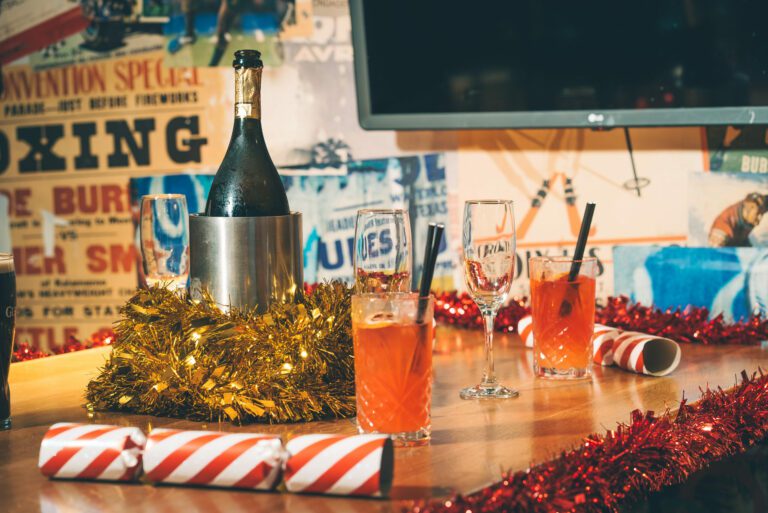 A christmas table set up at a Belushi's Bar.