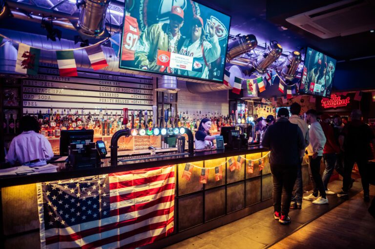 A Belushi's Bar dressed for the Super Bowl.