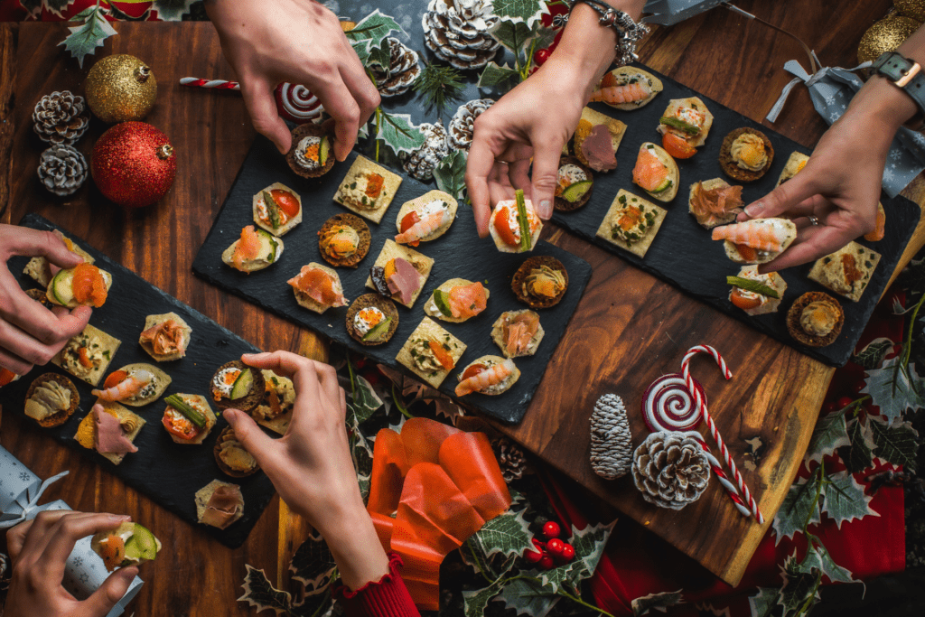 A platter of Christmas food at a Belushi's bar.