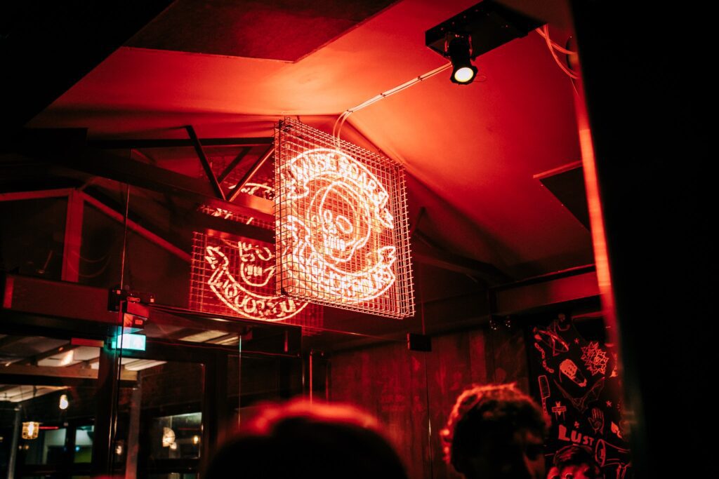 Interior neon lights of the Belushi's Bar in Amsterdam.