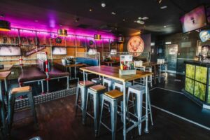 A picture of the booths seating at Belushi's